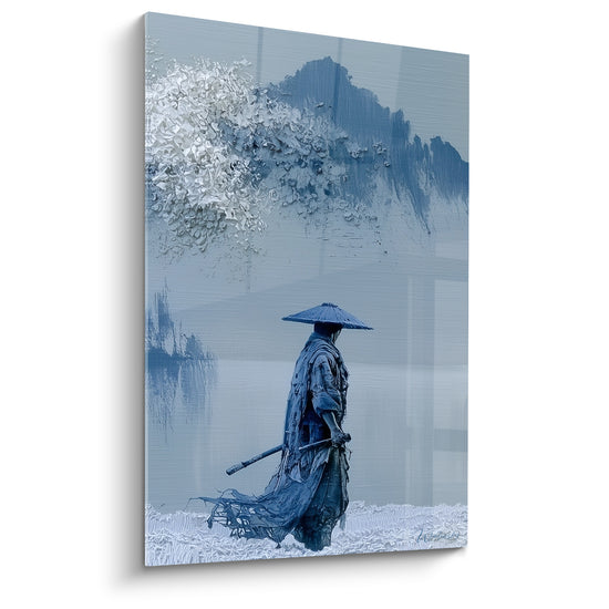Tableau Guerrier bleu et blanc devant montagne enneigée - Manteau flottant au vent - Edition Samouraï