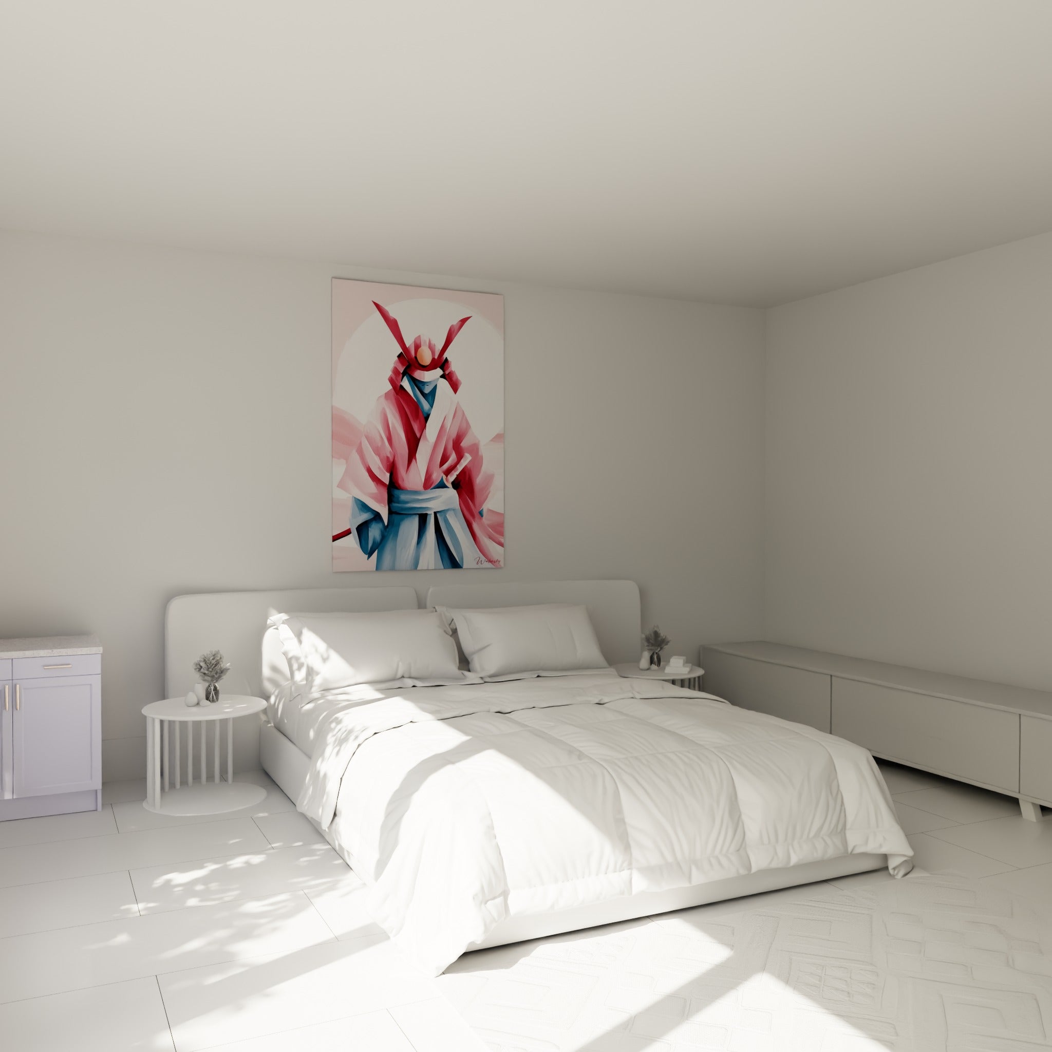 Guerrier japonais en rose pastel et bleu ardoise, casque cramoisi, au-dessus d'un lit dans une chambre claire