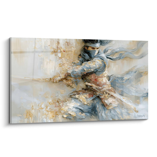 Samouraï bleu poudré et doré dégainant son sabre, empâtements texturés sur fond beige clair