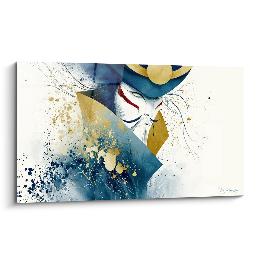 Tableau Guerrier bleu marine et doré au disque solaire fendu - Visage aux traits écarlates - Edition Samouraï
