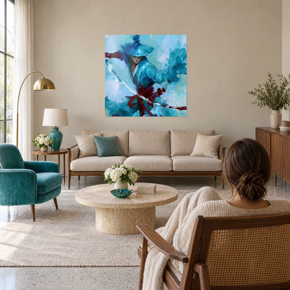 Wall art of a warrior in a blue conical hat, dark red sash, turquoise knife-like strokes, above a sofa in a bright living room