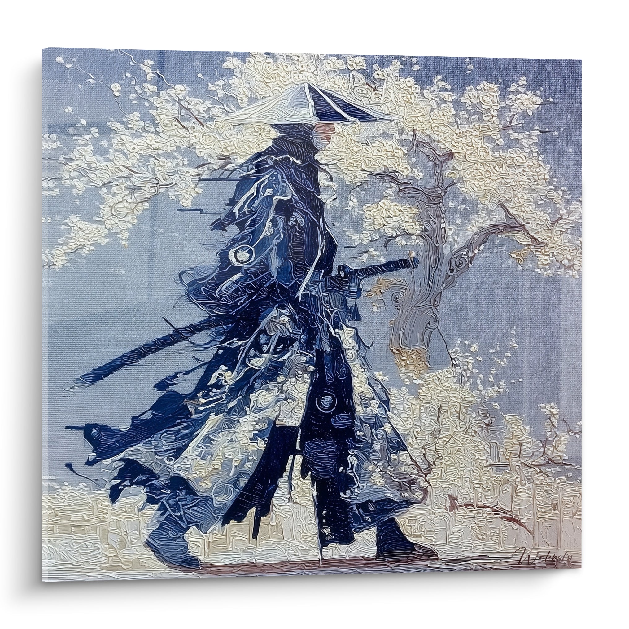 Samouraï en bleu marine et blanc traversant un cerisier en fleurs, peinture texturée épaisse.