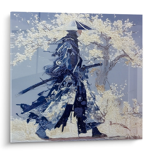 Tableau Samouraï bleu marine sous cerisier blanc - Marche silencieuse - Edition Samouraï