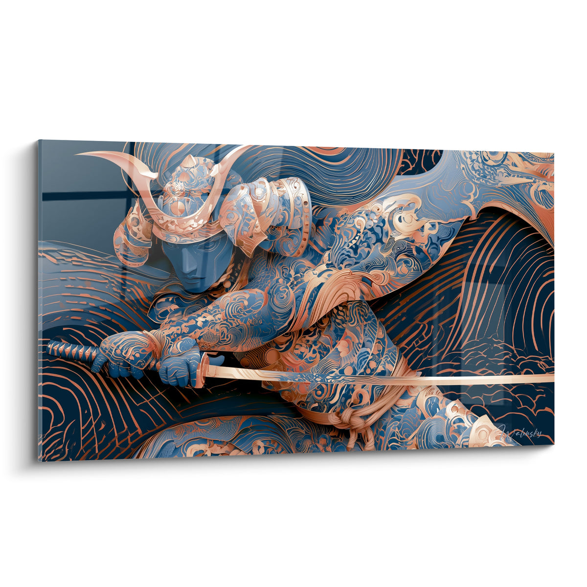 Samouraï casqué en armure bleu marine et cuivre, katana serré dans la main droite