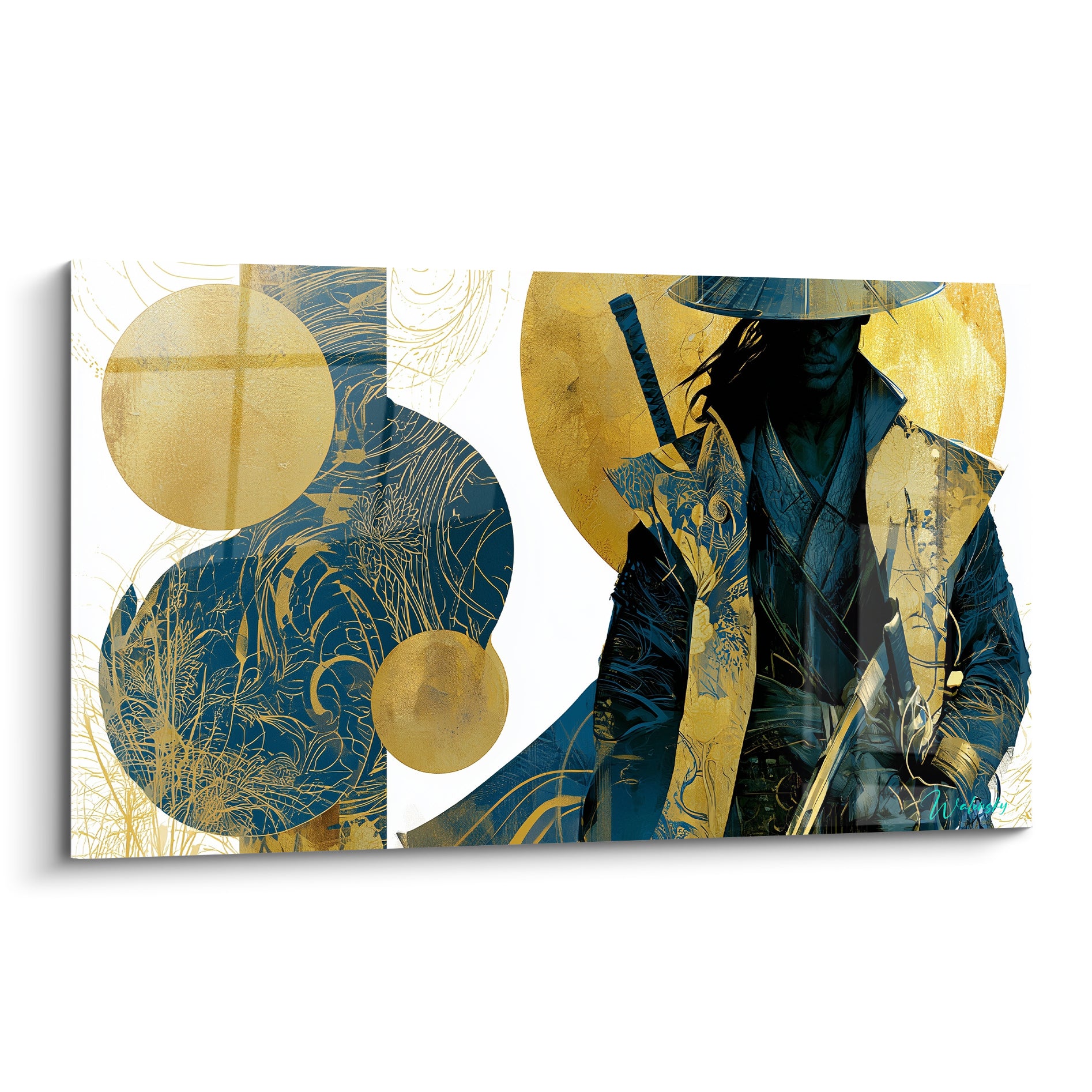 Samouraï en armure bleu marine et dorée, katana en bandoulière, formes circulaires dorées graphiques