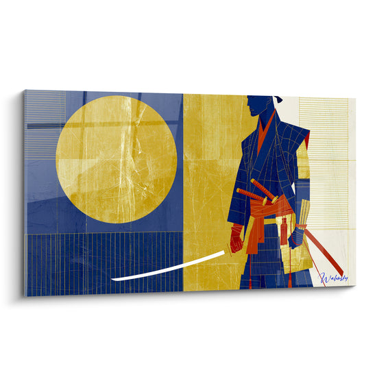 Samouraï en kimono bleu marine et doré, sabre blanc dégainé sur fond graphique épuré