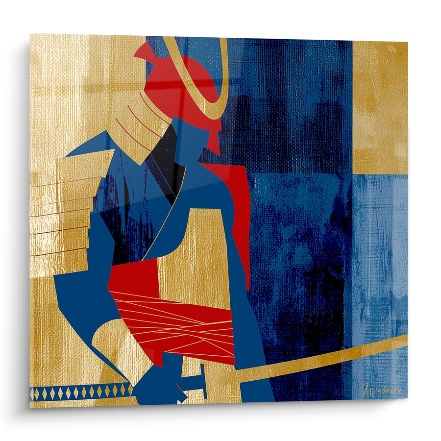 Tableau Guerrier bleu marine et rouge à la ceinture entrelacée - Fond bicolore géométrique - Edition Samouraï