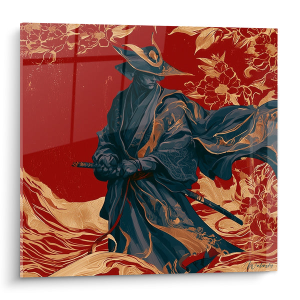 Blue Night and Red Warrior Painting with Golden Peonies - Floating Cloak in the Wind - Samurai Edition