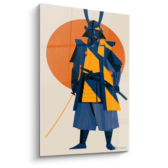 Samouraï bleu marine et orange, katana levé, armure géométrique devant un soleil vif.