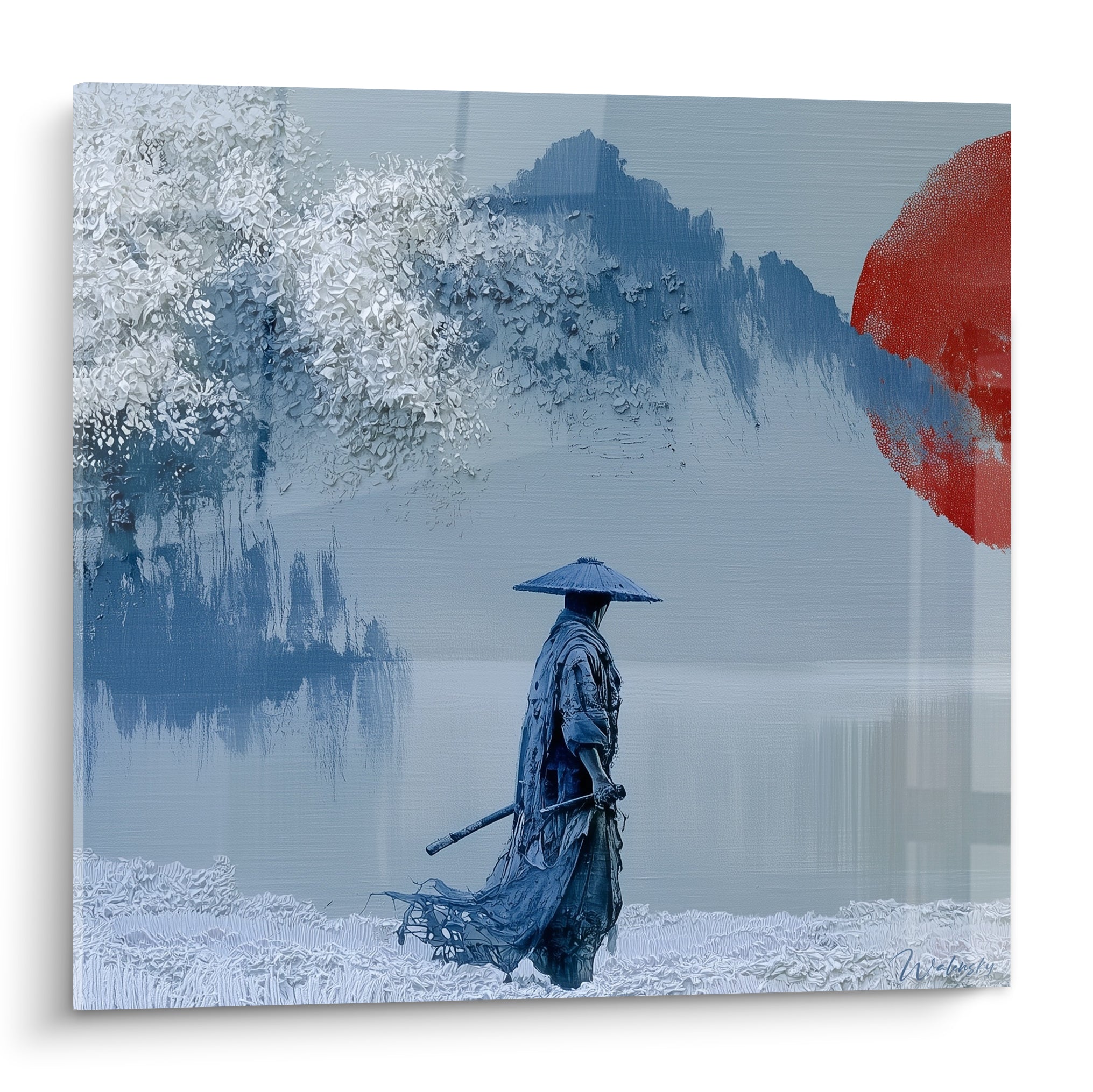 Samouraï bleu marine marchant près d'un lac gelé sous un soleil rouge terracotta intense