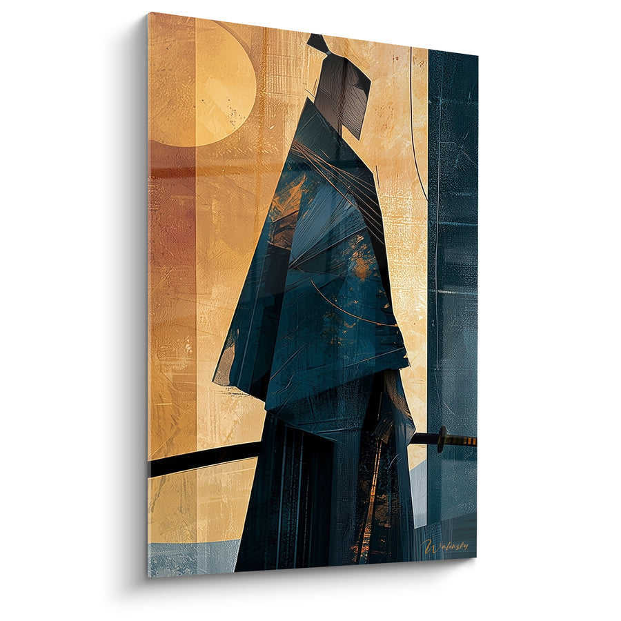 Tableau Guerrier bleu pétrole et ocre au manteau anguleux - Lune ronde dorée - Edition Samouraï