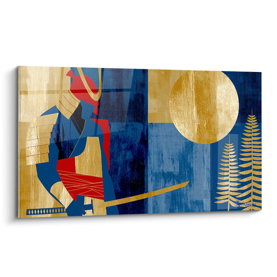Samouraï en armure rouge et bleu marine dégainant son sabre sous une lune dorée