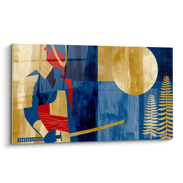 Tableau Guerrier bleu et doré agenouillé près des fougères - Disque solaire doré - Edition Samouraï