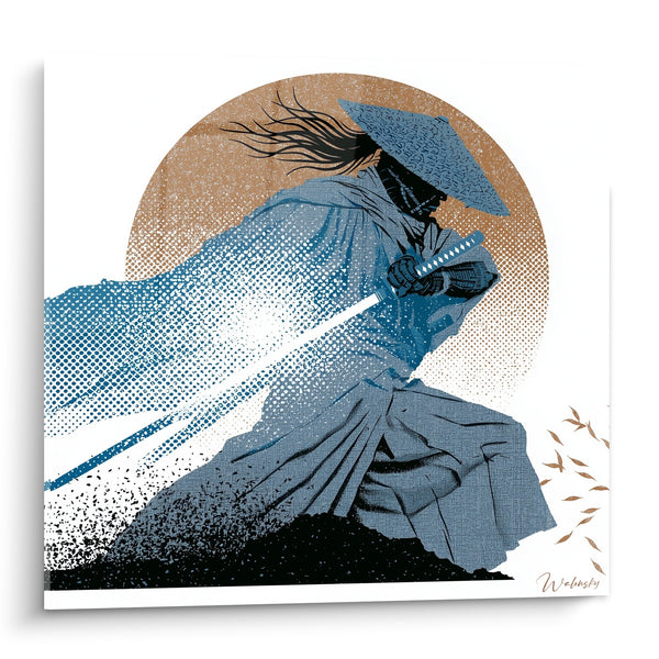 Tableau Samouraï bleu et ocre sabre dégainé - Fulgurance du geste - Edition Samouraï