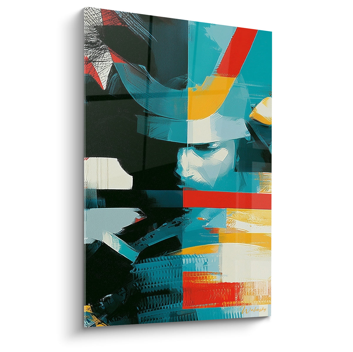 Samouraï au profil bleu sarcelle et rouge écarlate, casque doré, composition graphique fragmentée