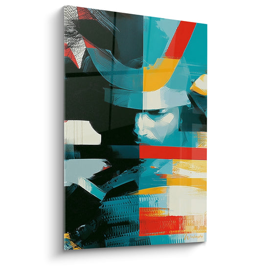 Samouraï au profil bleu sarcelle et rouge écarlate, casque doré, composition graphique fragmentée