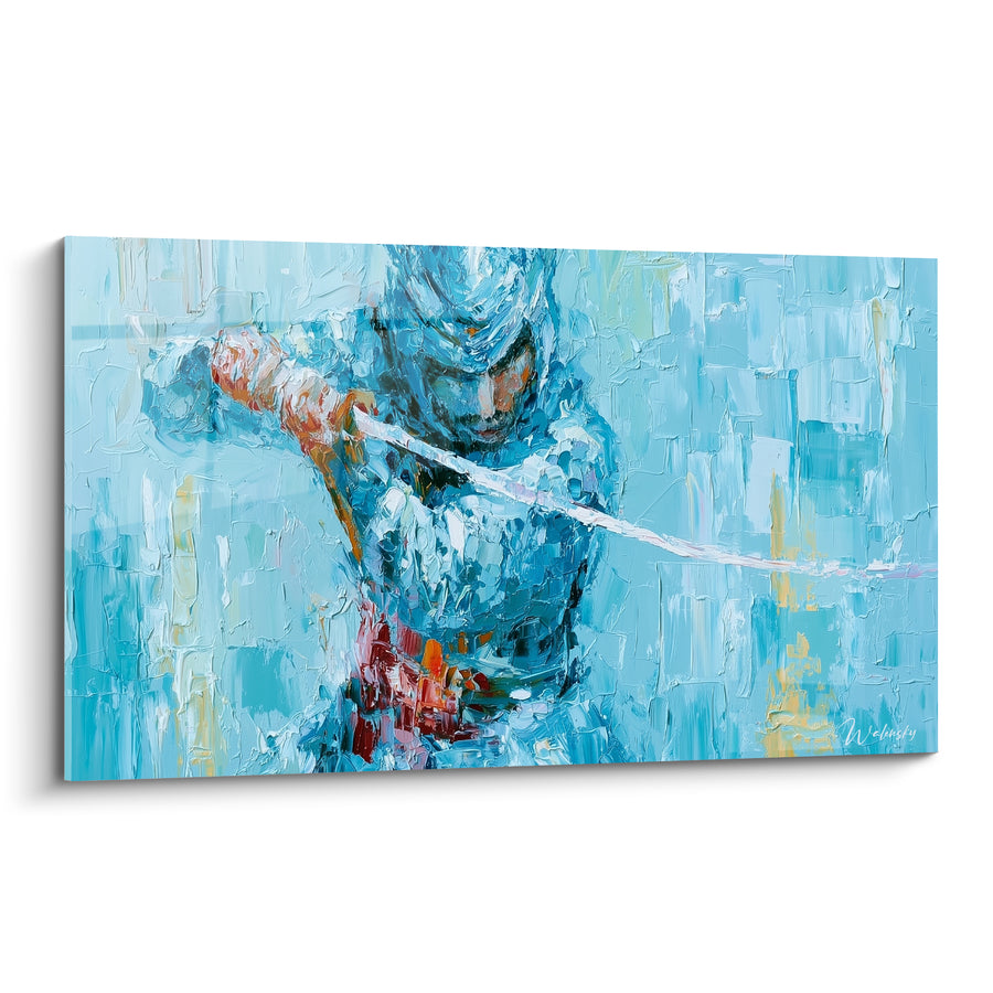 Tableau Guerrier turquoise et rouge au sabre tendu - Empâtements texturés à la spatule - Edition Samouraï