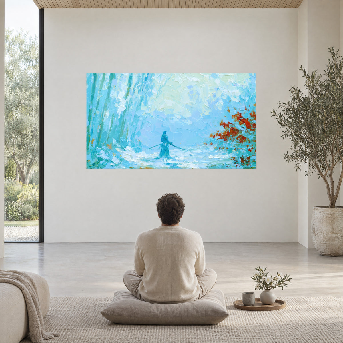 Tableau ronin dans la clairière enneigée, touches de peinture épaisses bleues et vermillon, un homme de dos en méditation sur un coussin