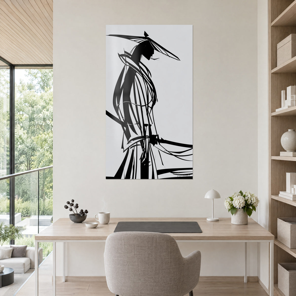Tableau guerrier à la lame, traits d'encre noire sur fond gris clair, face à un bureau blanc et une étagère en bois