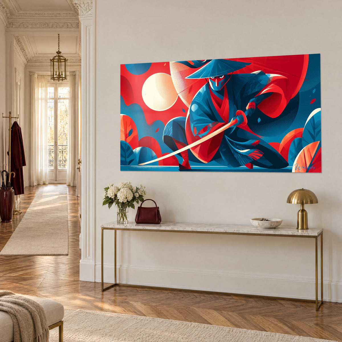 Tableau guerrier au sabre clair, manteau écarlate ondulant sur fond bleu, grande lune pâle, vu de trois-quarts sur une console dorée