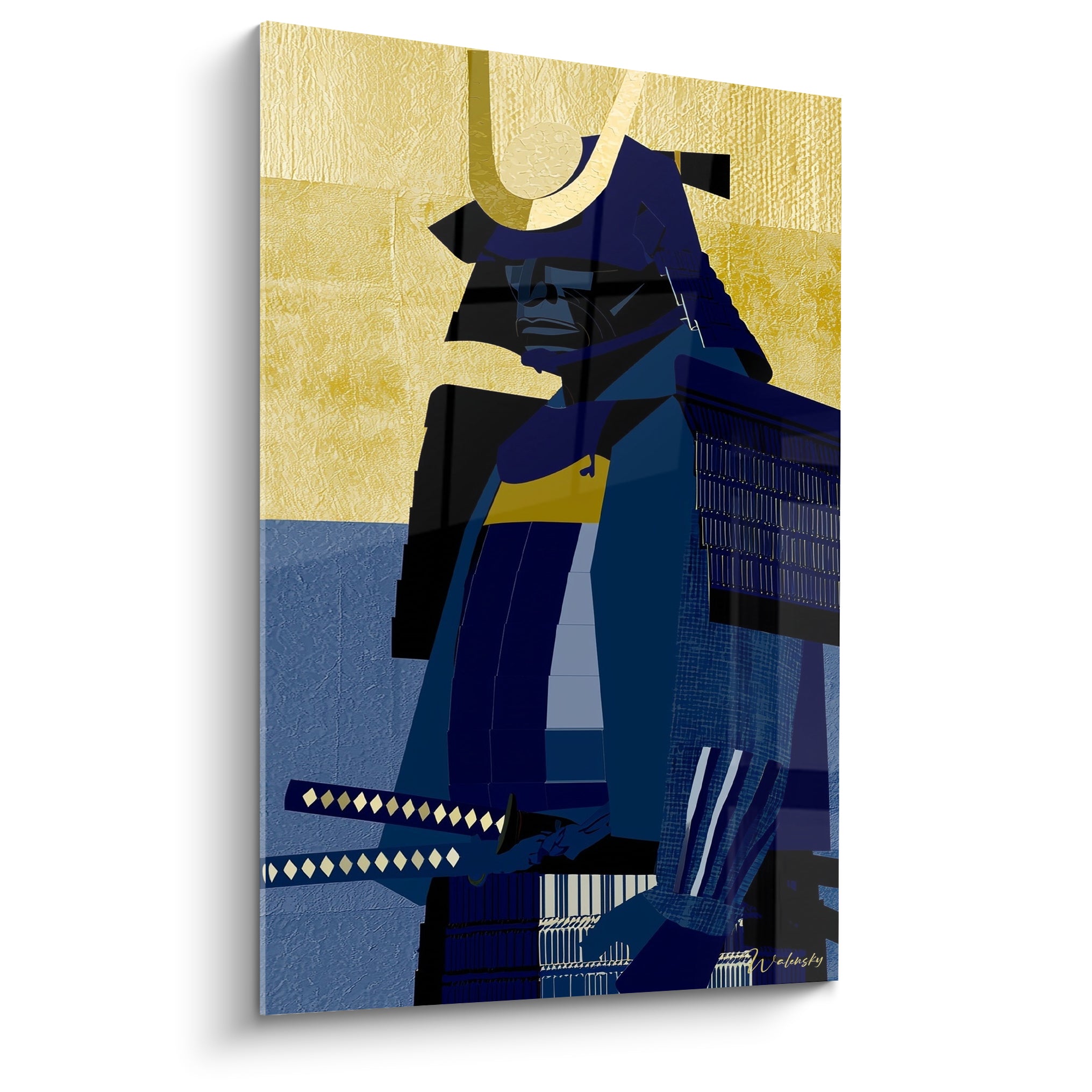Casque de samouraï bleu marine et doré, sabre à la ceinture, style vectoriel graphique intense