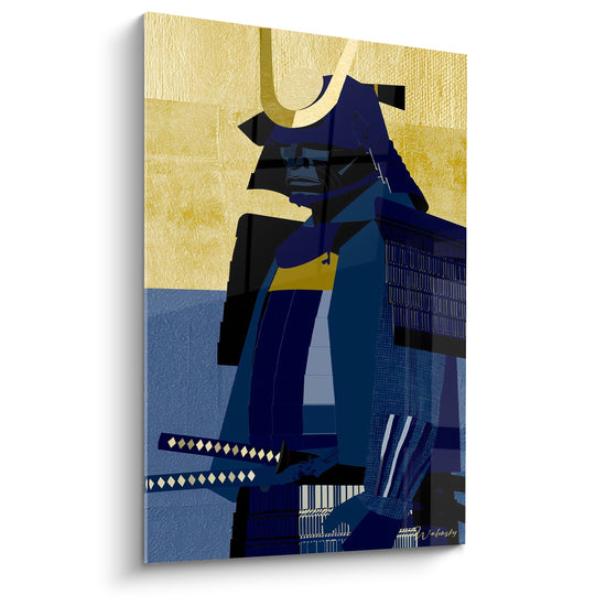 Tableau Guerrier bleu marine et doré au fourreau losangé - Cimier en croissant recourbé - Edition Samouraï