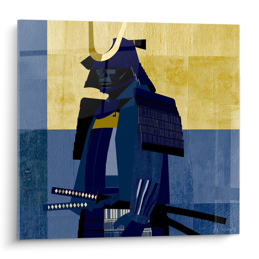 Tableau Guerrier casqué bleu marine et doré au fourreau incrusté - Cornes recourbées du kabuto - Edition Samouraï