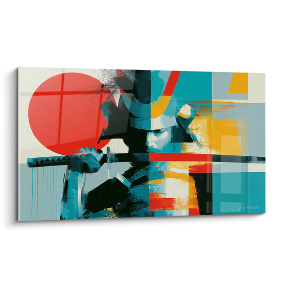 Samouraï casqué bleu turquoise et rouge, katana en diagonale, composition géométrique éclatante