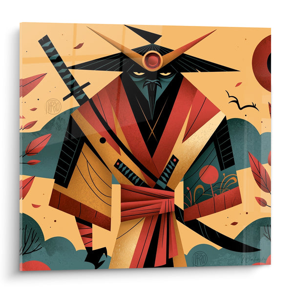 Tableau Guerrier casque cornu rouge et ocre - Sentinelle du crépuscule - Edition Samouraï