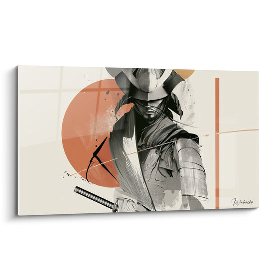 Samouraï casqué au buste anthracite devant un disque terracotta sur fond ivoire graphique