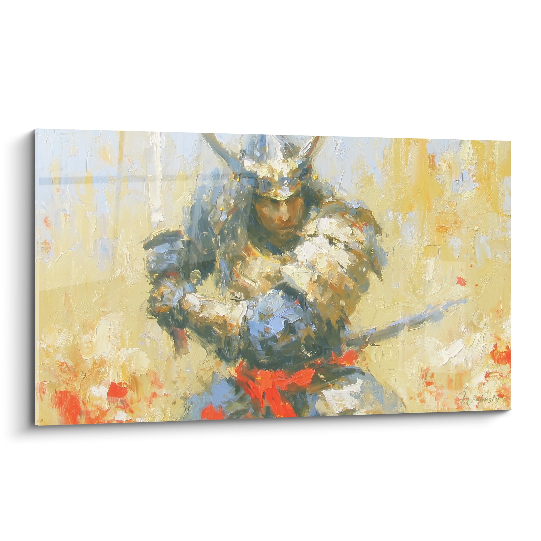 Samouraï casqué en armure bleu acier et dorée, épée levée, fond ocre texturé
