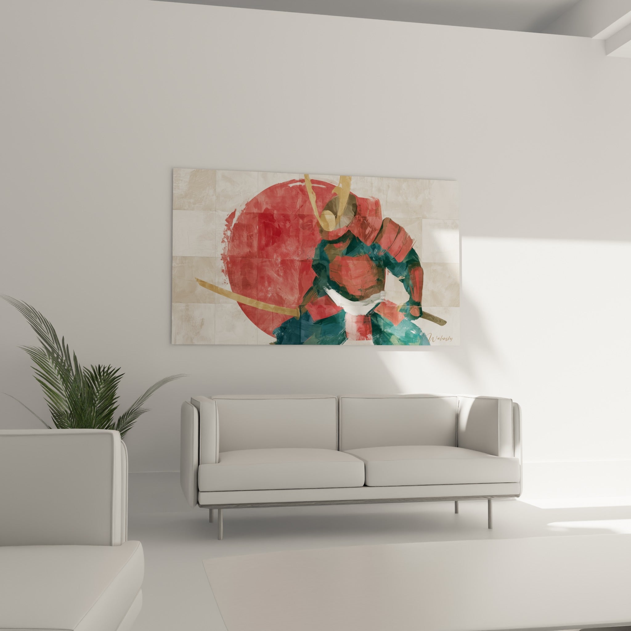 Samouraï casqué en rouge profond et doré, positionné au-dessus d'un canapé dans un salon lumineux