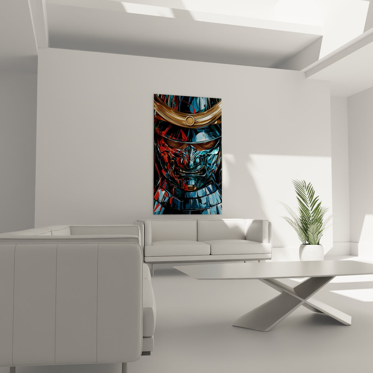 Casque doré et masque bleu du samouraï accroché au-dessus d'un canapé dans un salon lumineux