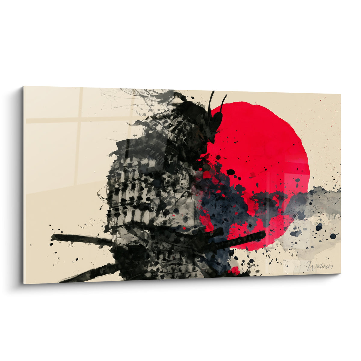 Casque de Samouraï en encre noire face à un disque rouge éclatant sur fond ivoire