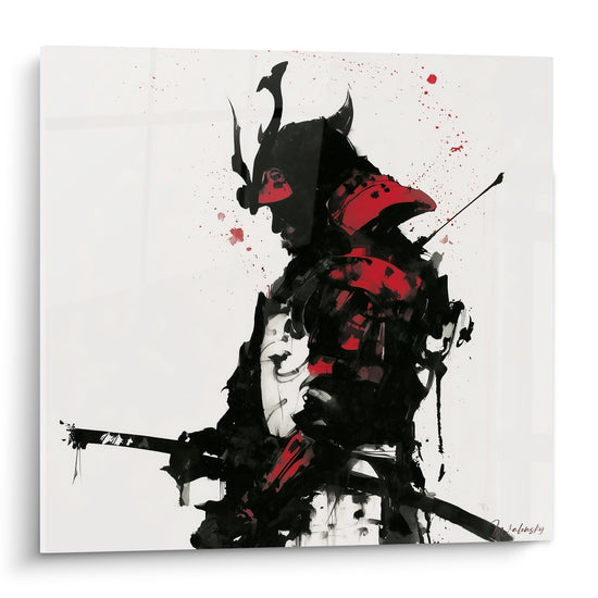 Guerrier samouraï casqué en noir et rouge, armure éclaboussée sur fond blanc cassé