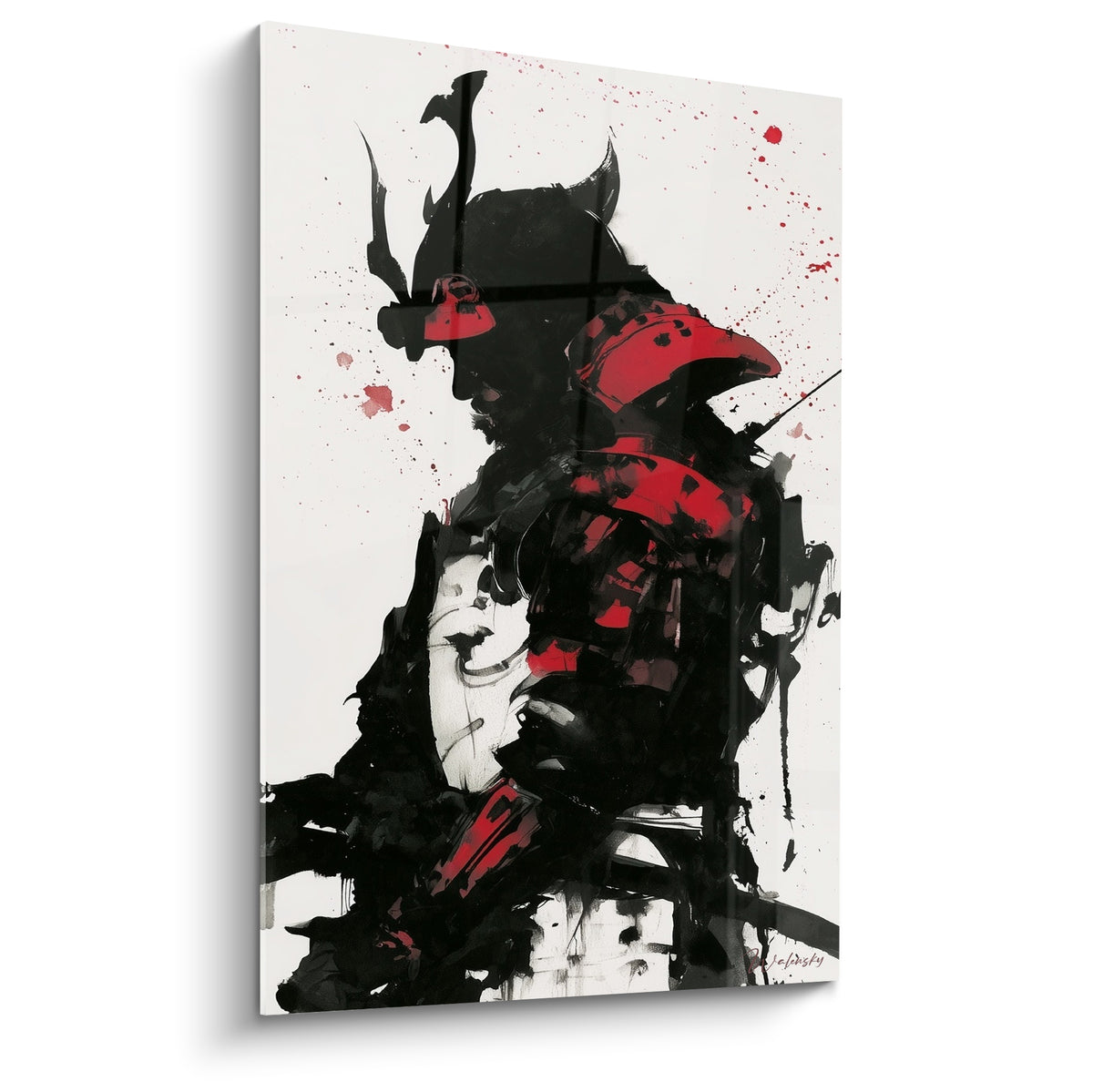 Samouraï casqué en noir profond et rouge fauve, silhouette peinte à l'encre expressive sur fond clair.