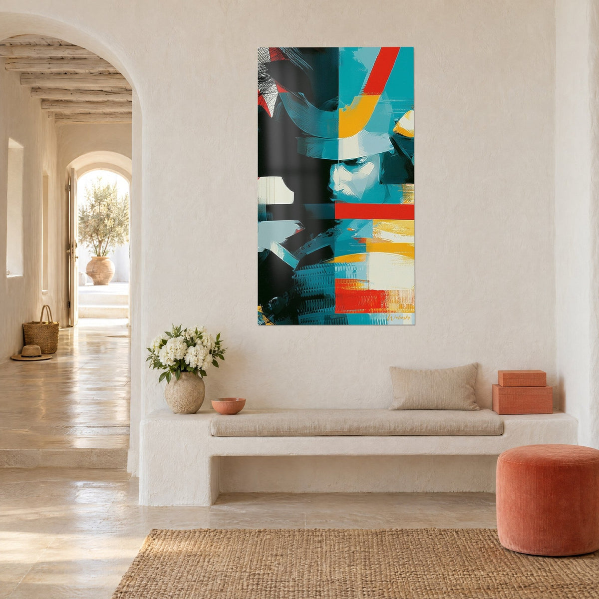 Cuadro de un samurái con casco en turquesa, amarillo azafrán y negro, franja roja vertical, banco blanco en una casa provenzal