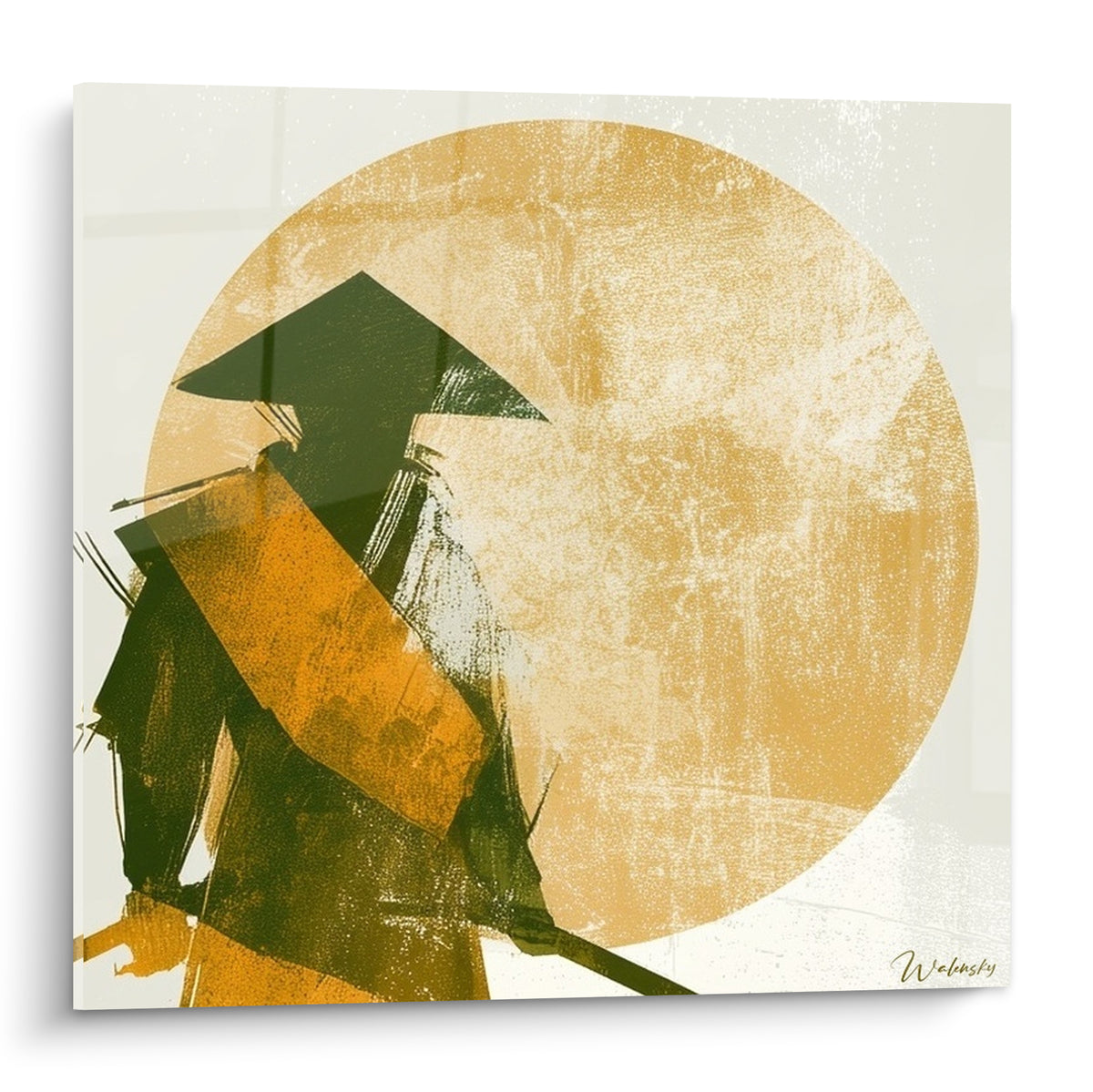 Samouraï anthracite en armure devant un cercle doré texturé, sabre en main, style estampe