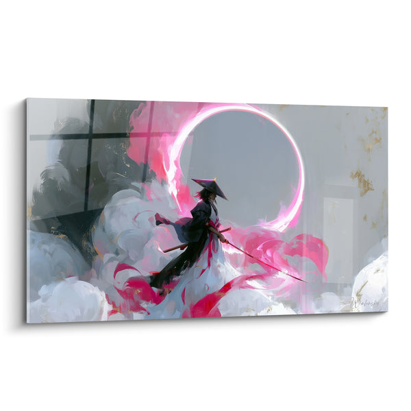 Tableau Samouraï devant cercle rose lumineux - Éveil du guerrier - Edition Samouraï