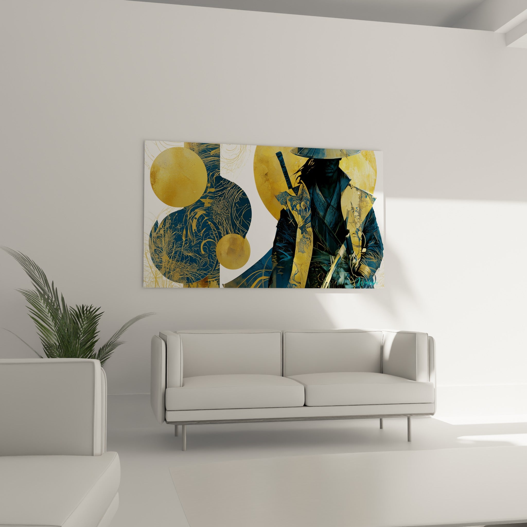 Silhouette du Samouraï en teintes anthracite et doré, katana visible, au-dessus d'un canapé dans un salon lumineux