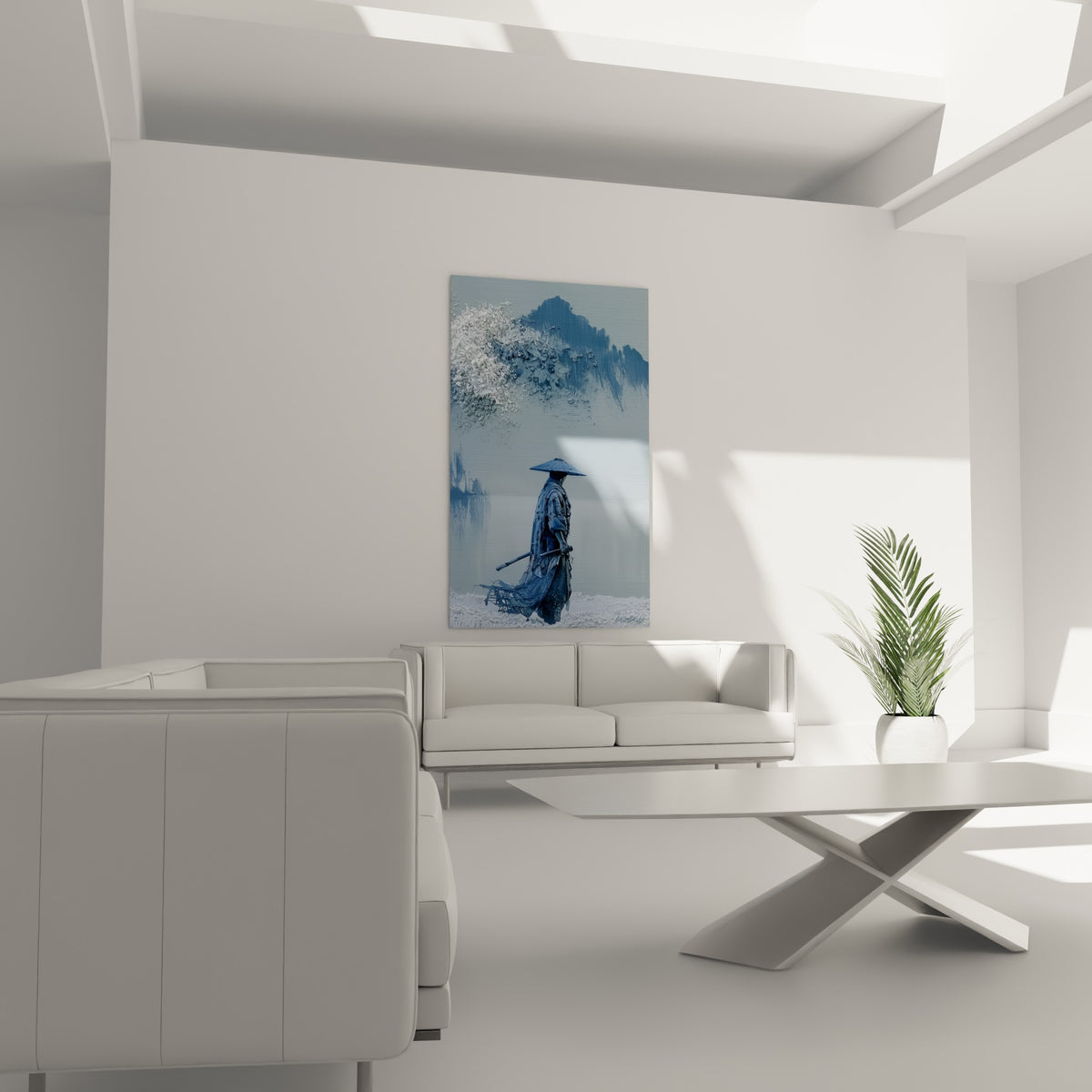 Silhouette de samouraï en bleu pastel et blanc immaculé sous un cerisier, au-dessus d'un canapé dans un salon lumineux