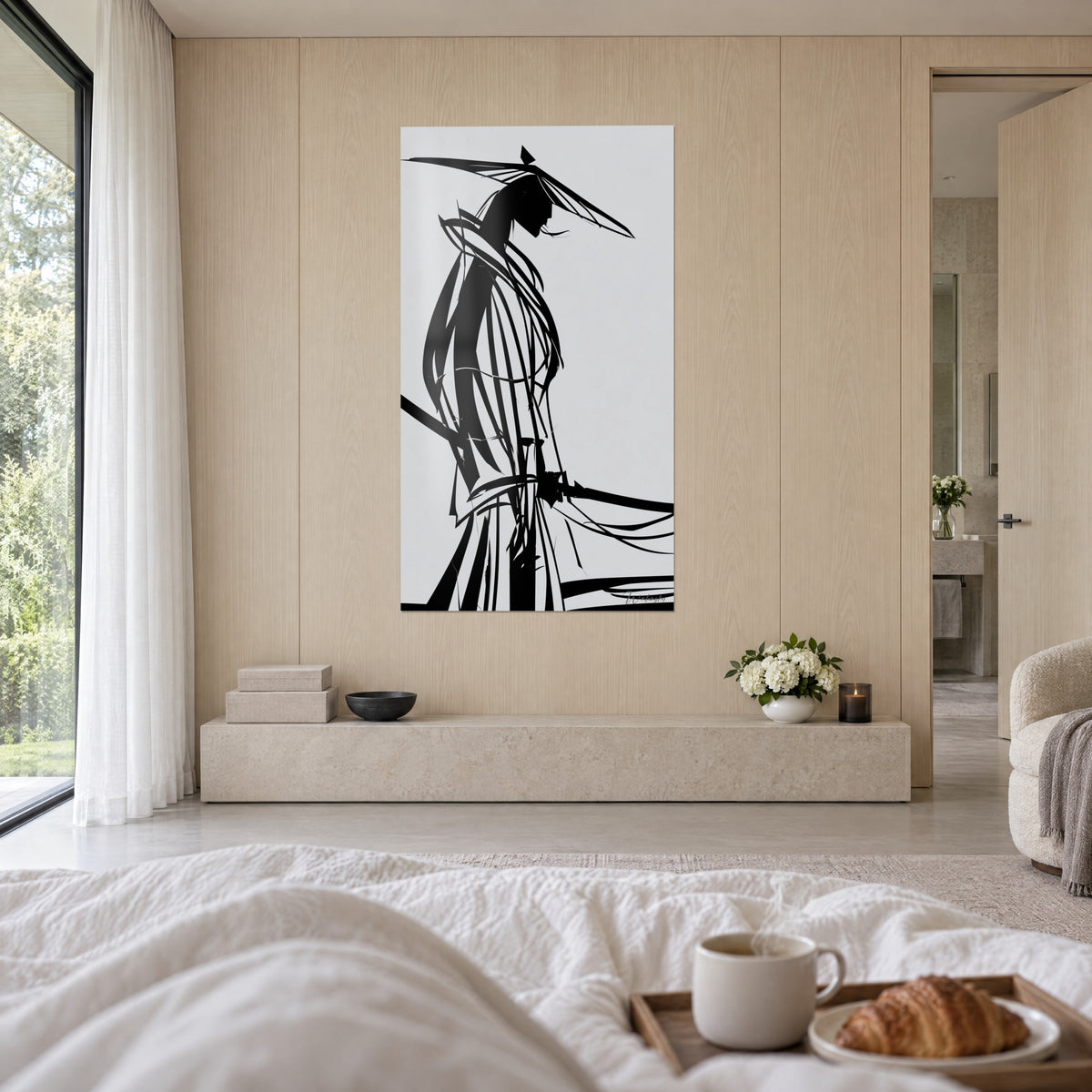 Tableau sabreur en silhouette noir et blanc, chapeau pointu et longs rubans de tissu, au-dessus d'un lit dans une chambre claire