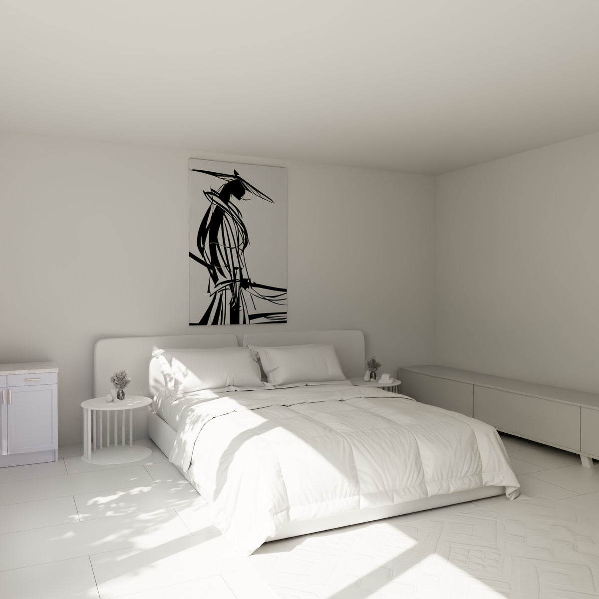 Guerrier Samouraï noir et blanc en pose de profil, accroché au-dessus d'un lit dans une chambre claire