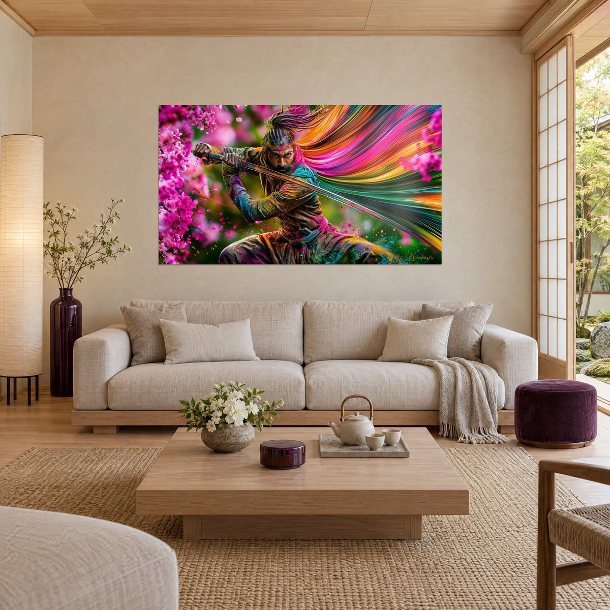 Wall art of a bearded warrior drawing a katana, rainbow mane in pink and orange, magenta cherry trees, above a sofa in a bright living room