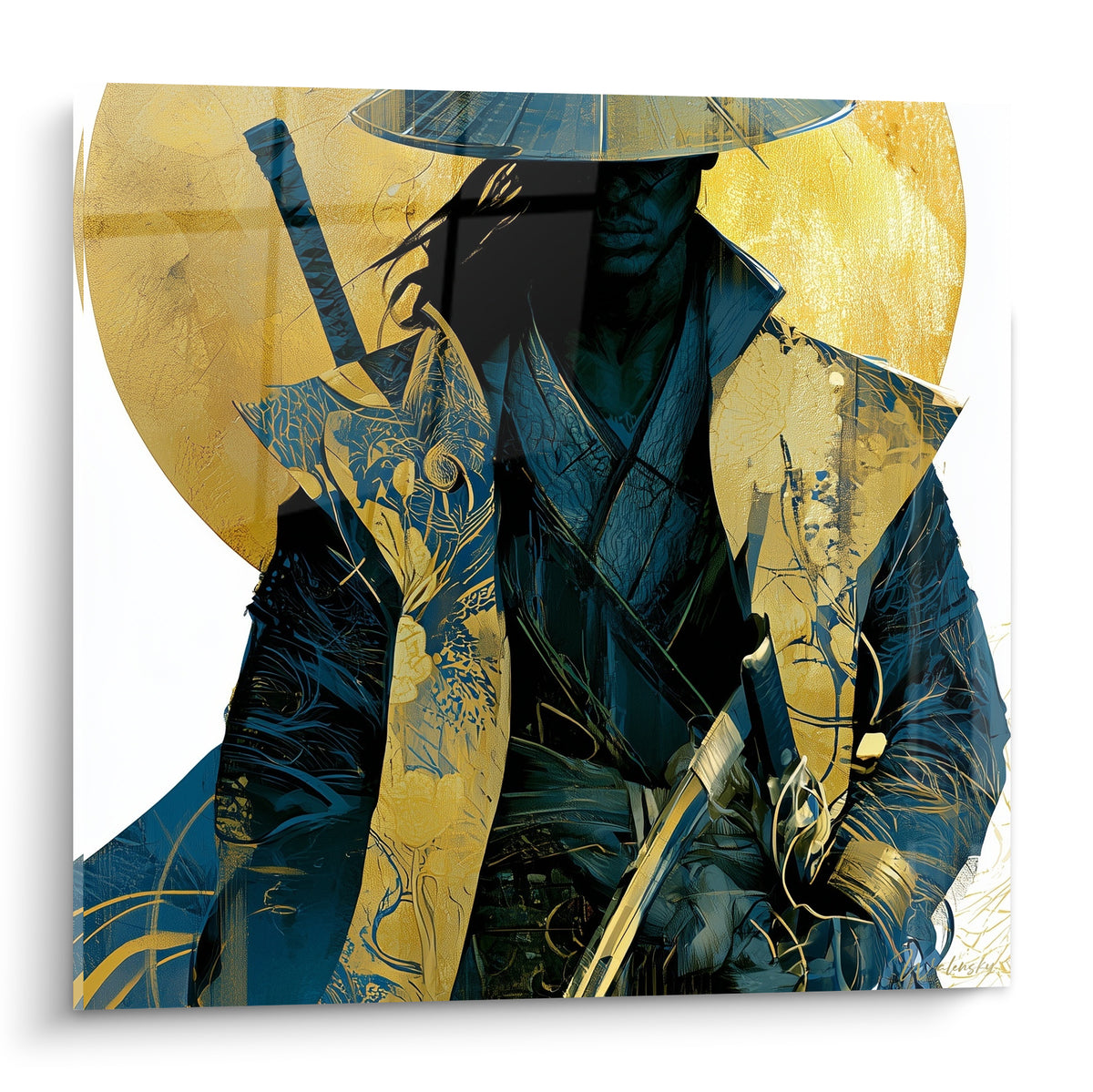 Guerrier Samouraï au chapeau conique bleu marine et fond doré, katana tenu à la main