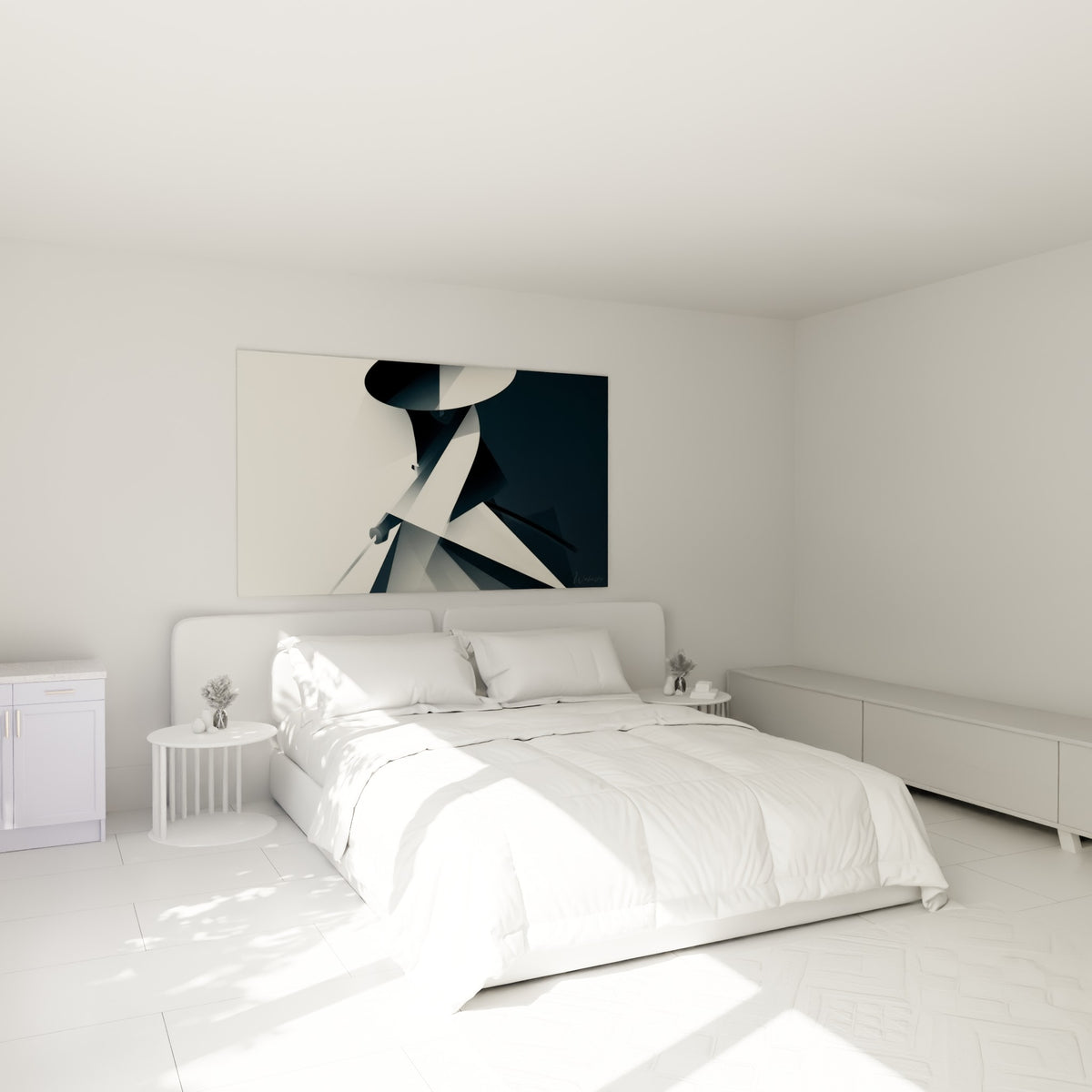 Guerrier stylisé aux formes anthracite et ivoire, sabre en main, au-dessus d'un lit dans une chambre claire