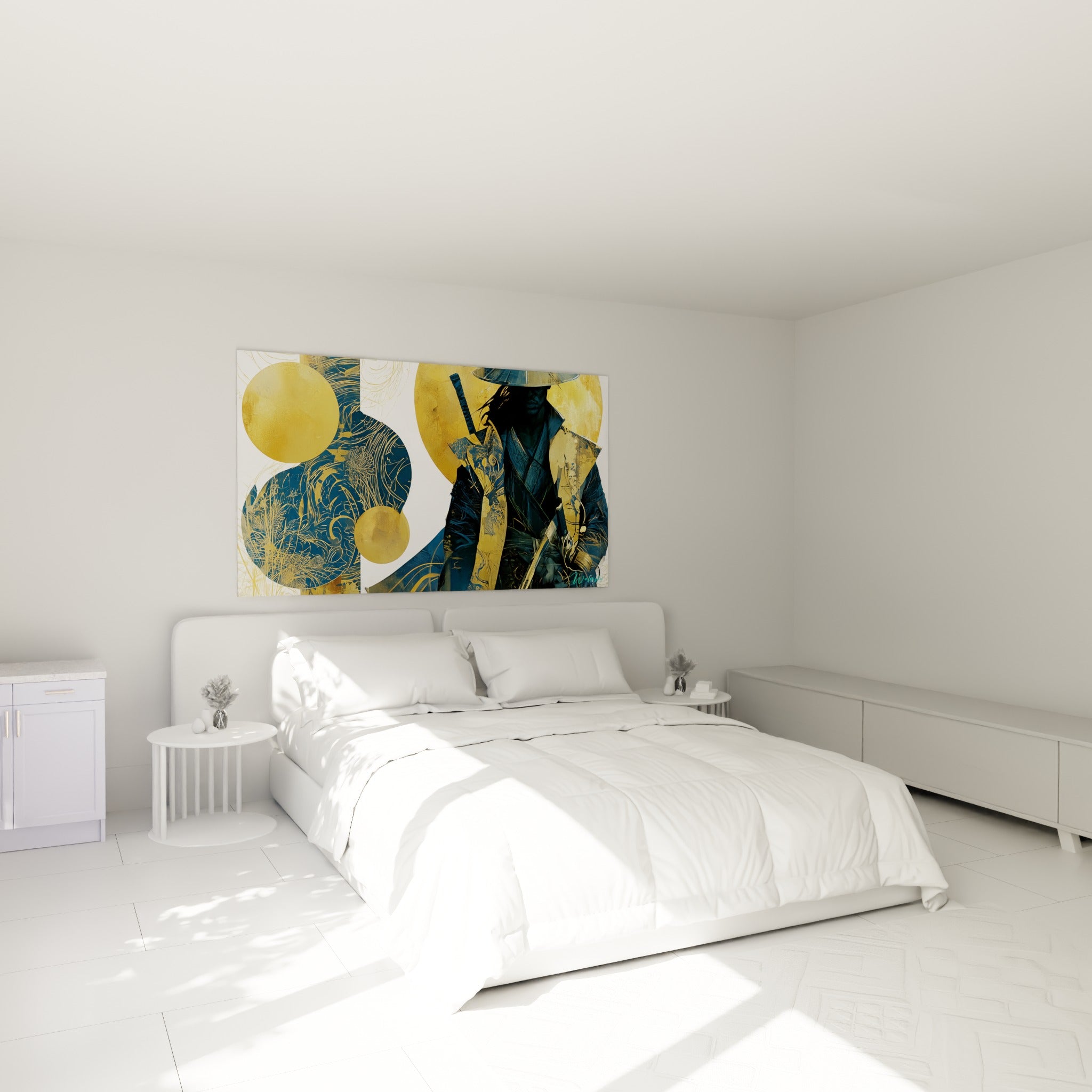 Guerrier au chapeau conique doré et vêtements bleu marine, au-dessus d'un lit dans une chambre claire