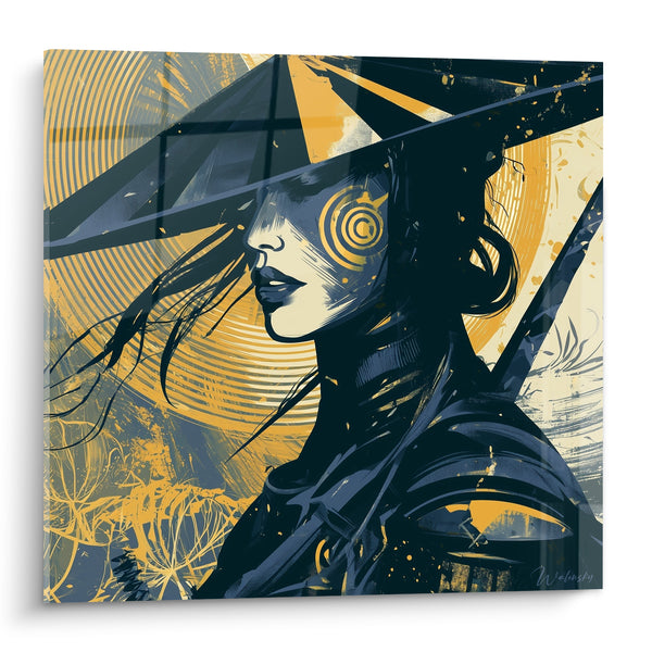 Tableau Guerrière chapeau conique bleu marine et ocre - Souffle avant le combat - Edition Samouraï