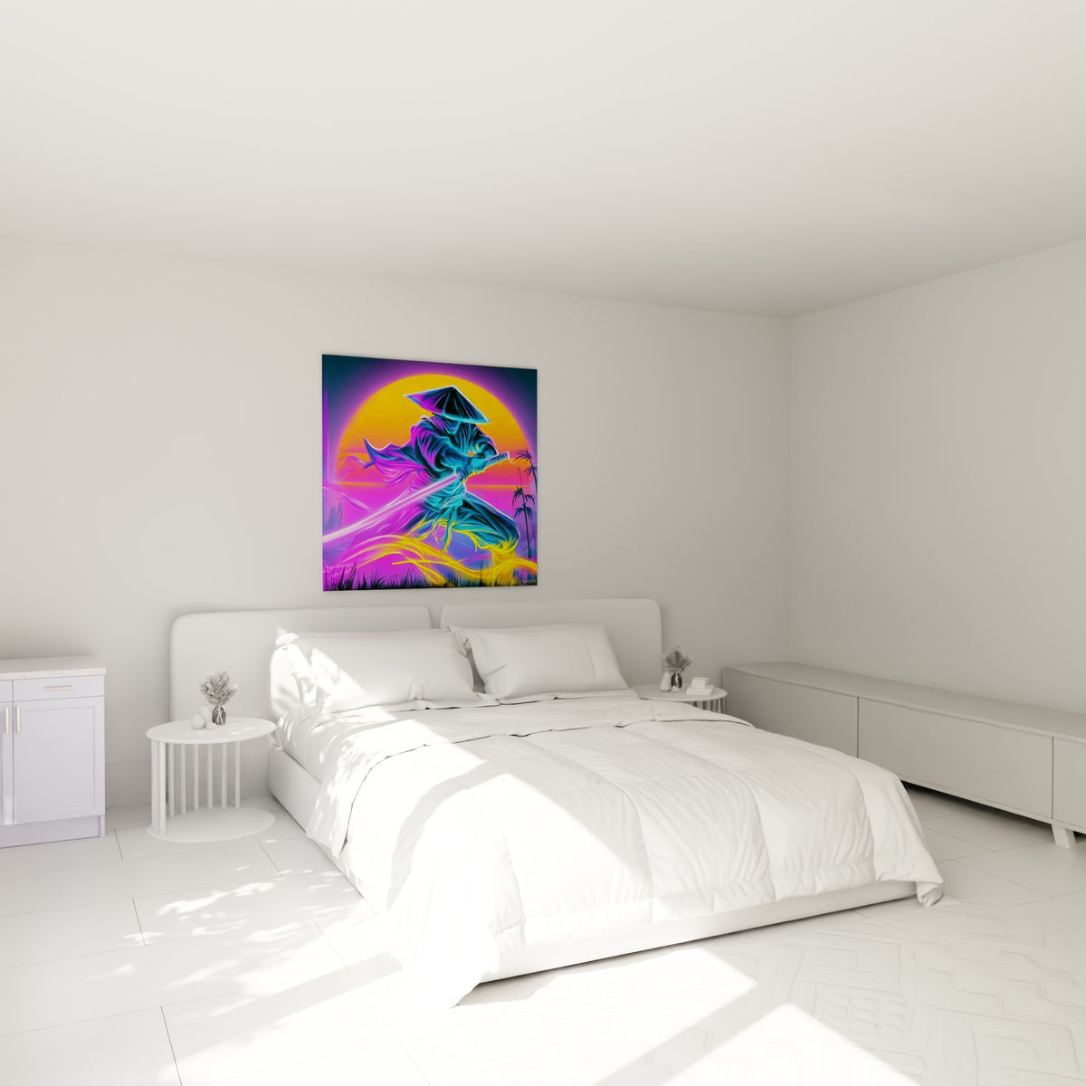 Guerrier au chapeau conique bleu et jaune brandissant son sabre au-dessus d'un lit dans une chambre claire