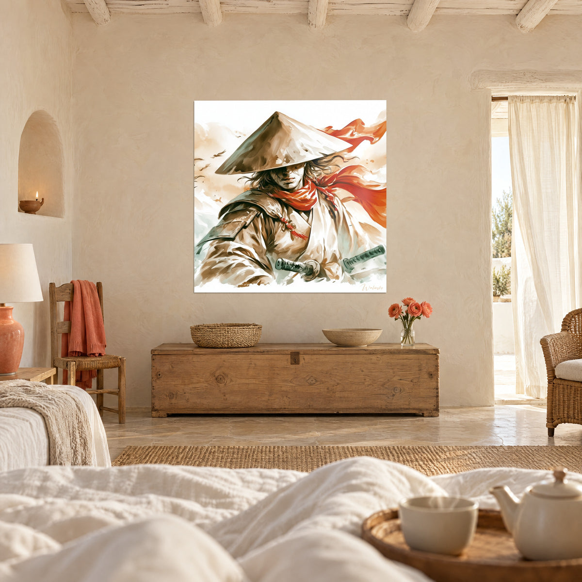 Wall art of a wandering warrior, beige conical hat and bright red scarf in motion, above a bed in a light bedroom